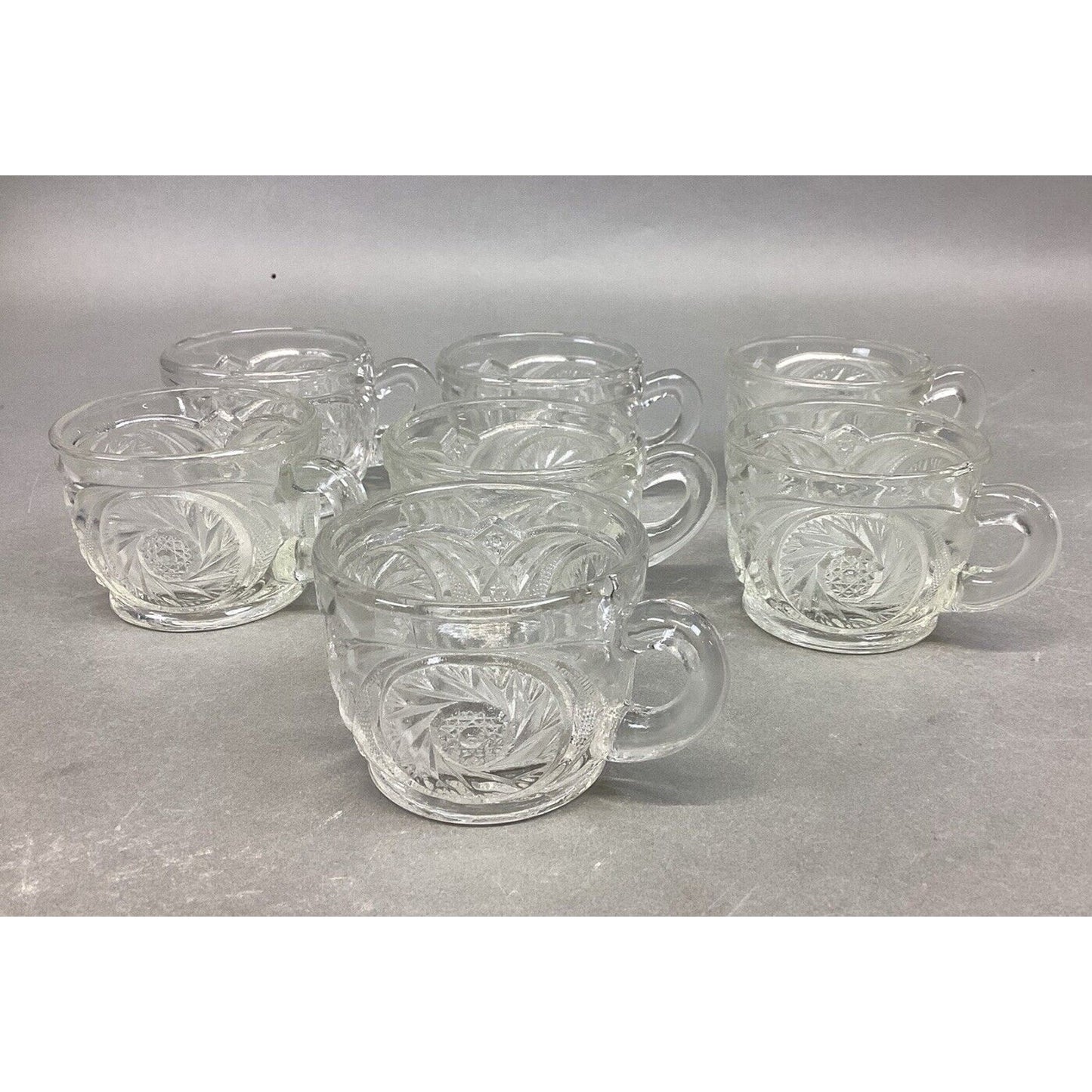 L.E. Smith Aztec Carved Crystal Glass Punch Bowl Cups - Set Of 7