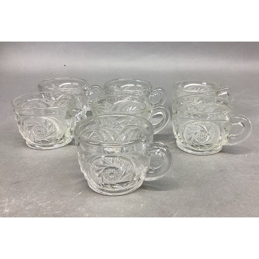 L.E. Smith Aztec Carved Crystal Glass Punch Bowl Cups - Set Of 7