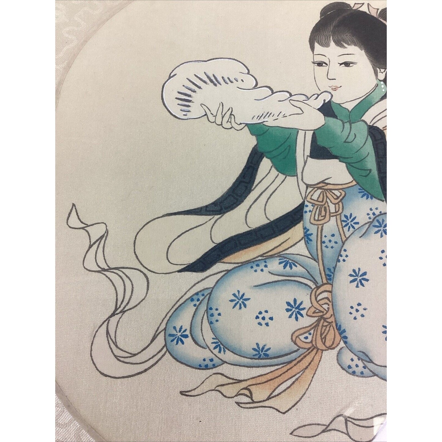 Antique Chinese Watercolor Painting On Silk - Girl Playing Instrument