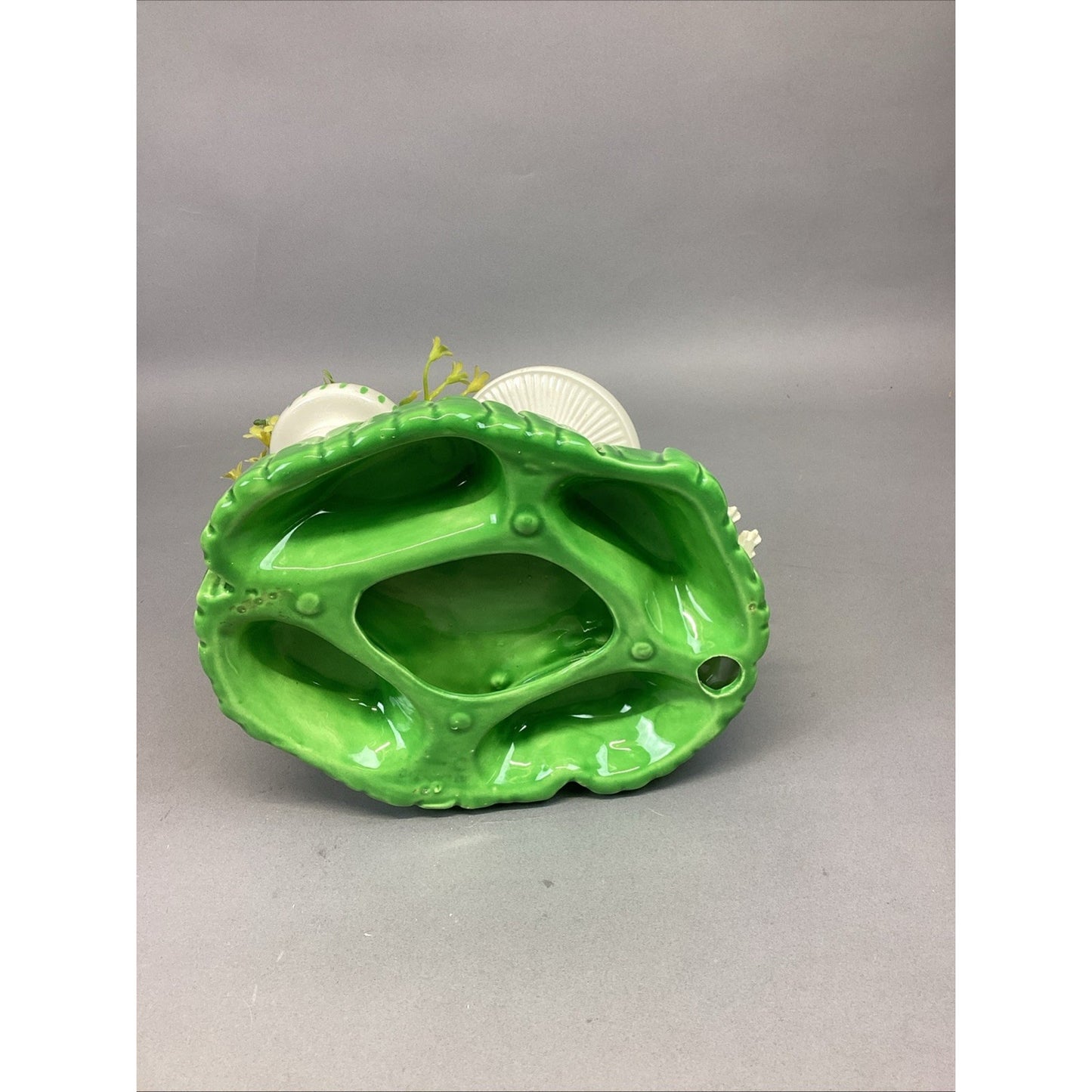 Ceramic Spring Time Statue - Frogs, Mushrooms, Plants Figurine - 6”Hx8”Lx6.5”W
