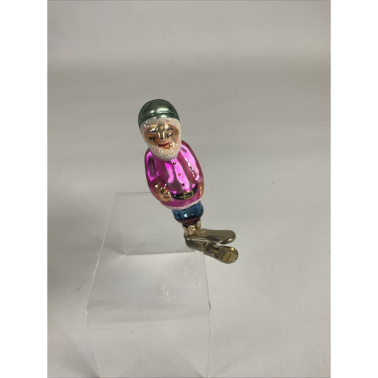 Vintage Christmas Ornament Glass Gnome Elf Clip On Tree Decor Glitter