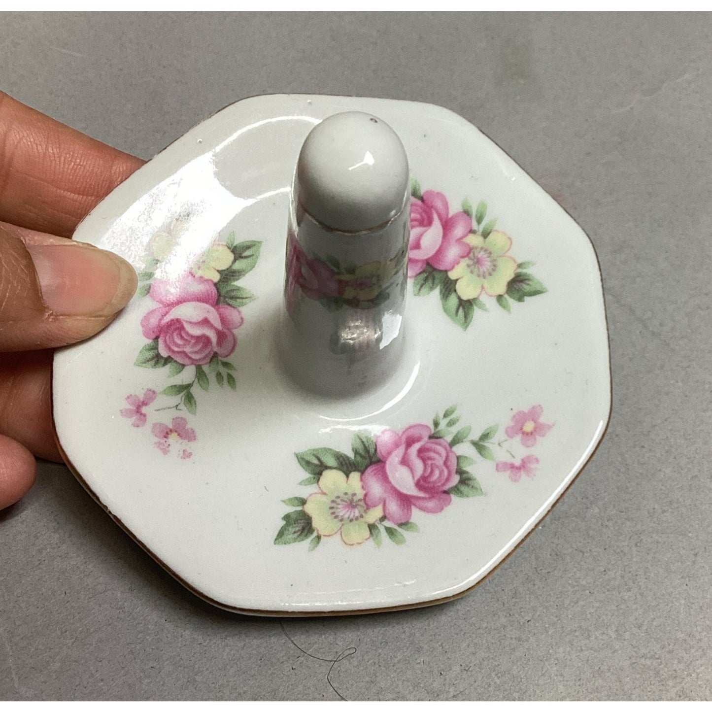 Vintage Porcelain Ring Holder Trinket Dish Pink & Yellow Flowers & Gold Trim