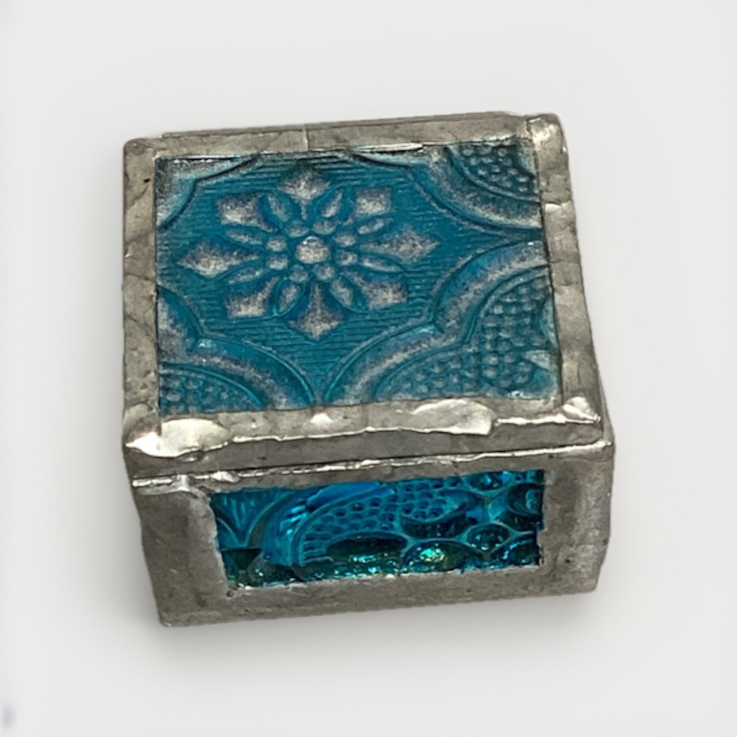 Vintage Handmade Blue Floral Stained Glass Trinket Box - 1.25”D - Indonesia