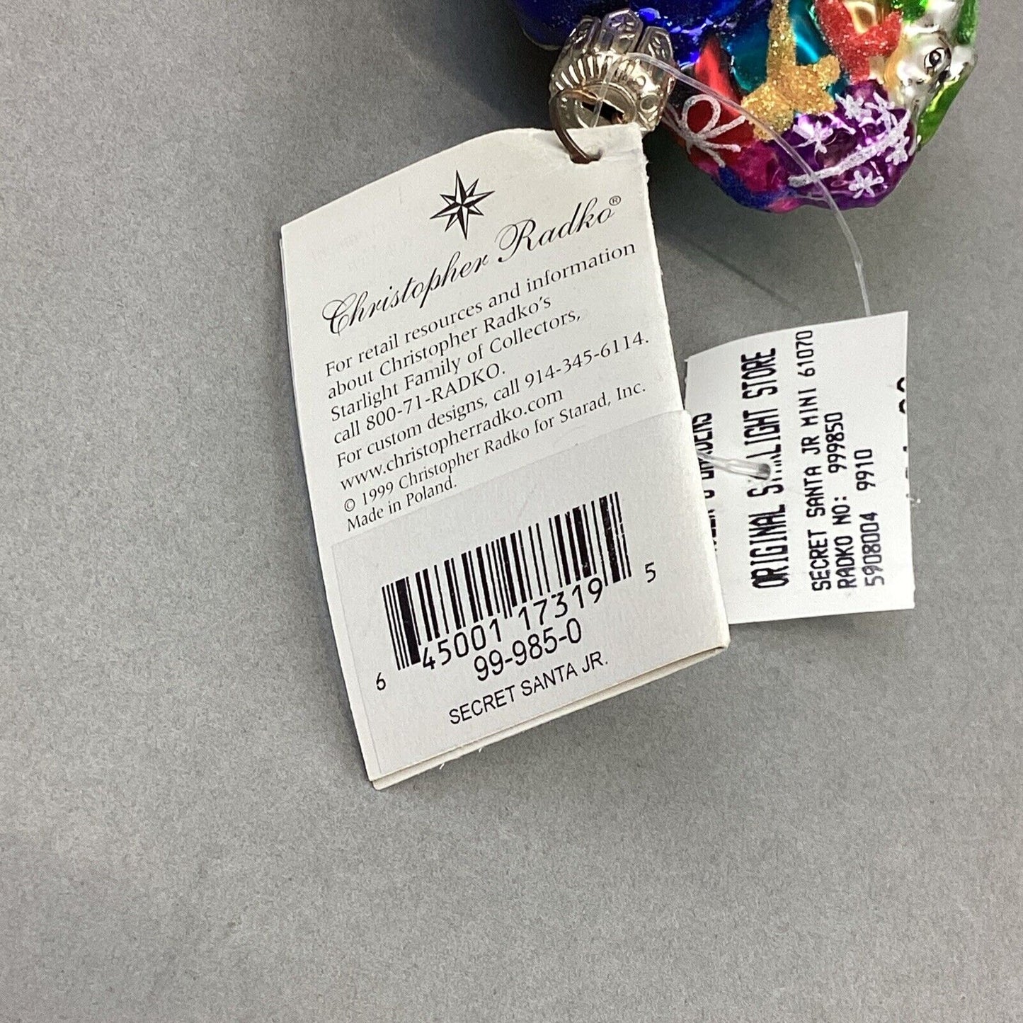 Christopher Radko 1999 Secret Santa Jr. Glitter Blue Santa W/ Tags - #999850