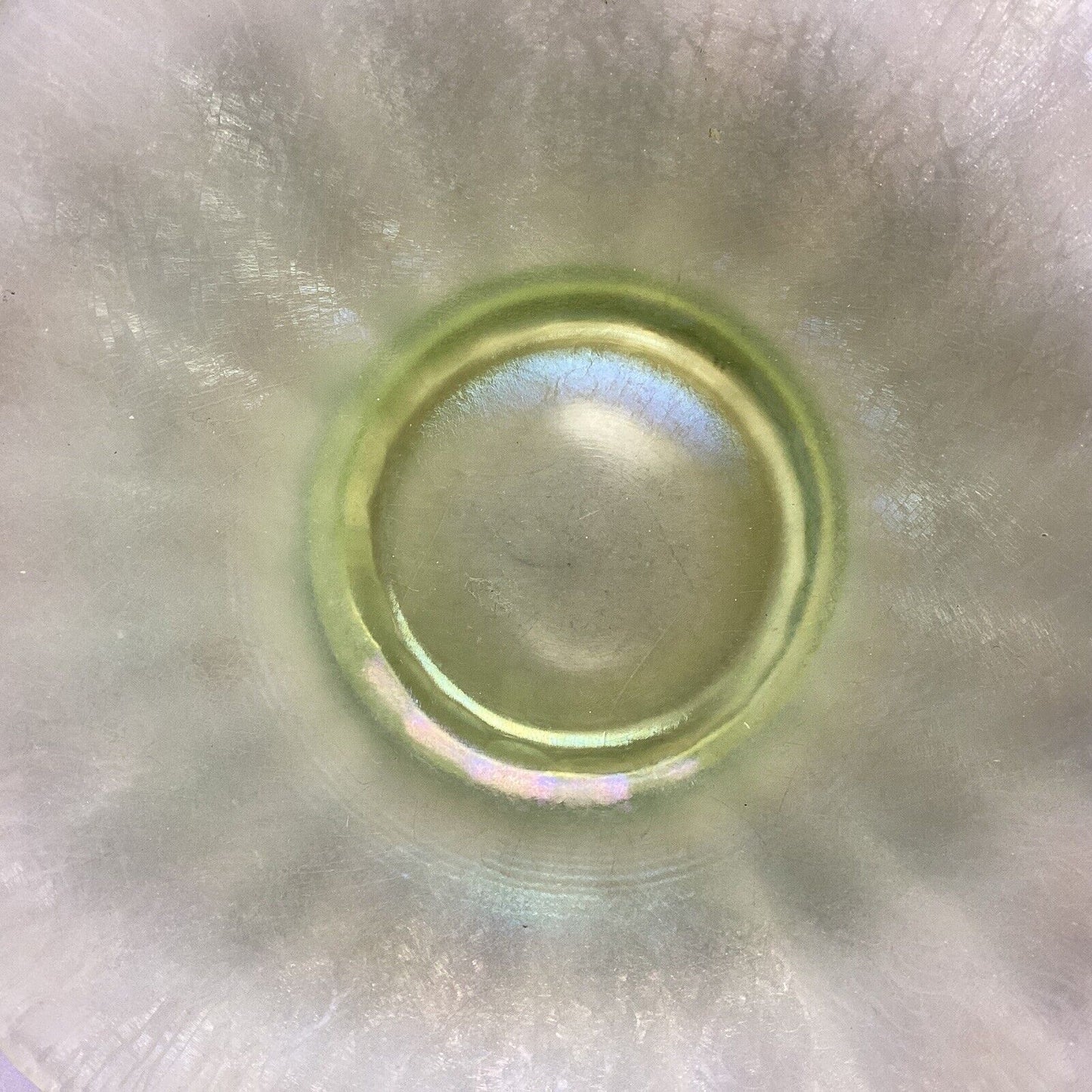 Set Of 2 Iridescent Uranium Glass Plate/Saucer Yellow Green Glows - 6.25”