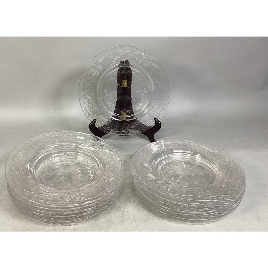 Set Of 11 Etched Cut Glass Luncheon Dessert Plates 9”D