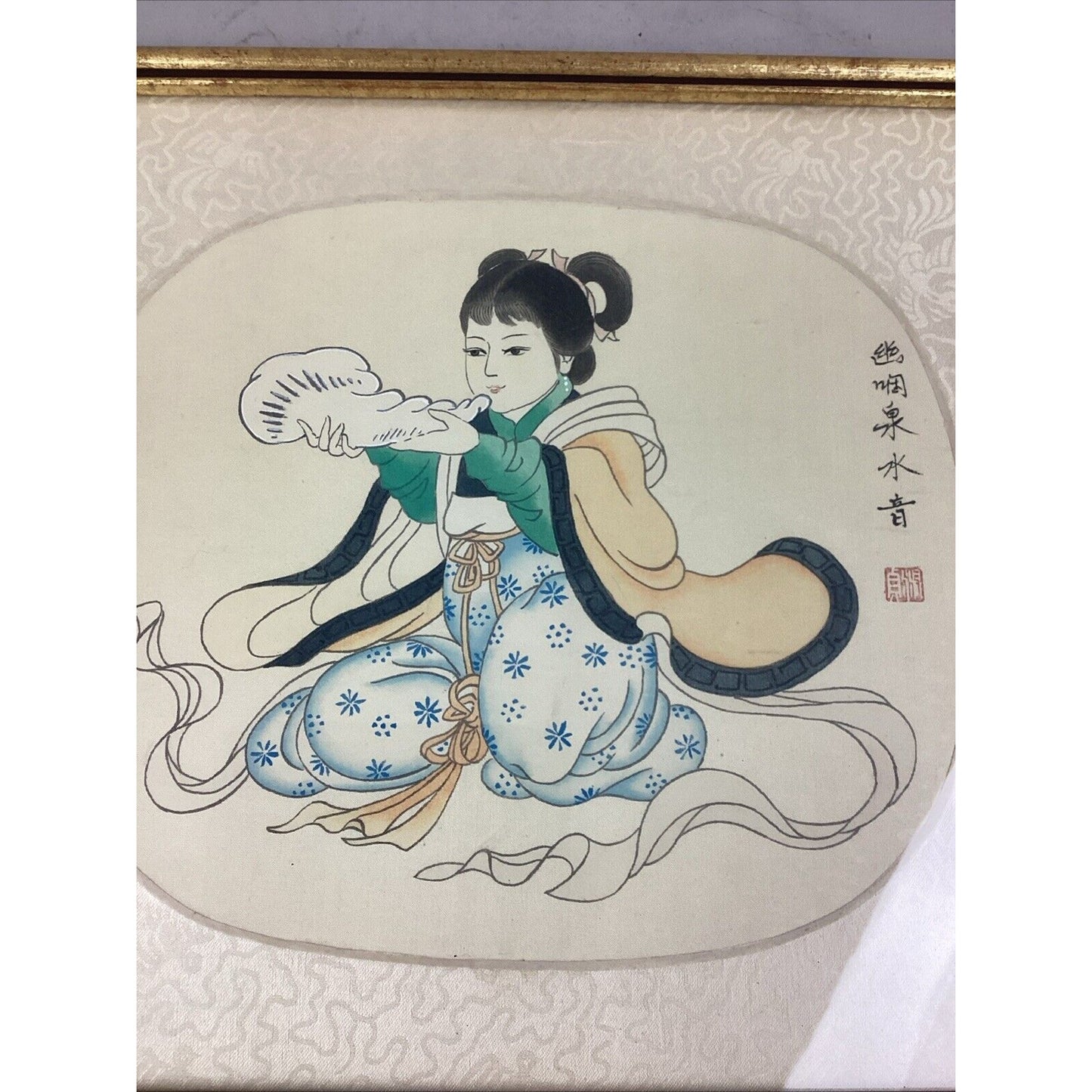 Antique Chinese Watercolor Painting On Silk - Girl Playing Instrument