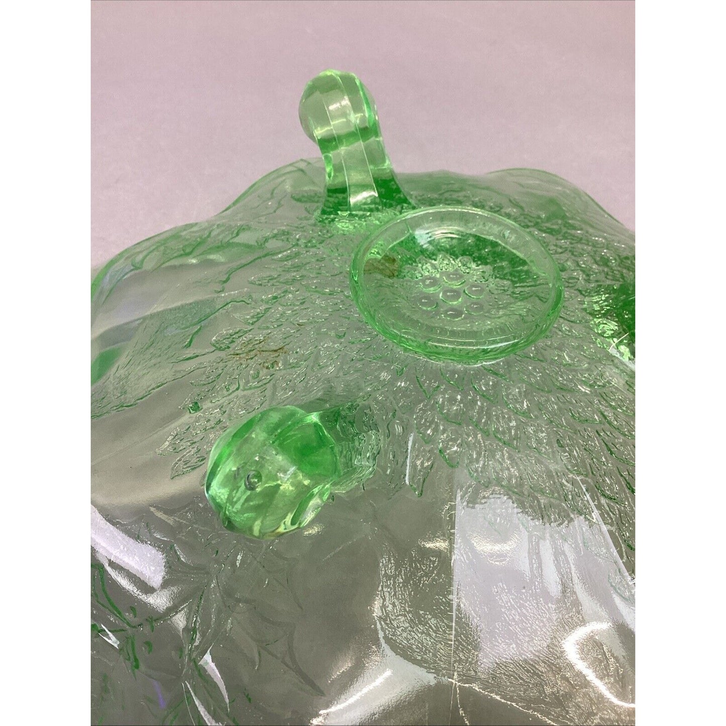 Vintage Fenton Stag and Holly Green Uranium Glass 3 Footed Bowl - 10x3.75”