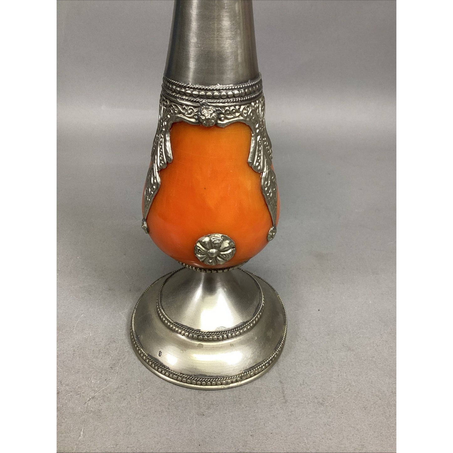 VINTAGE ORNATE Orange METAL/Bakelite CANDLESTICK CANDLE HOLDER - 13.5”H