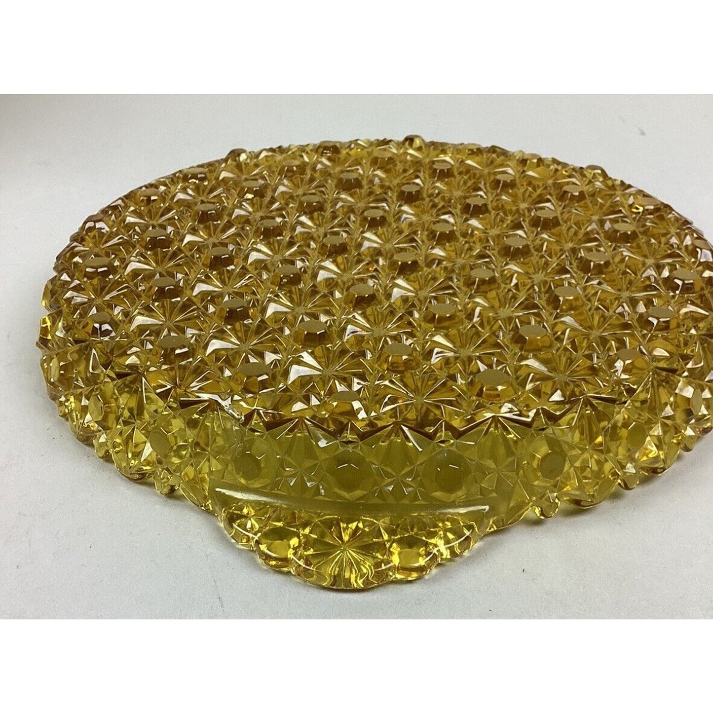 Amber Gold Star Cut Glass Serving Dish & 6 Curved Dessert Bowls/Plates