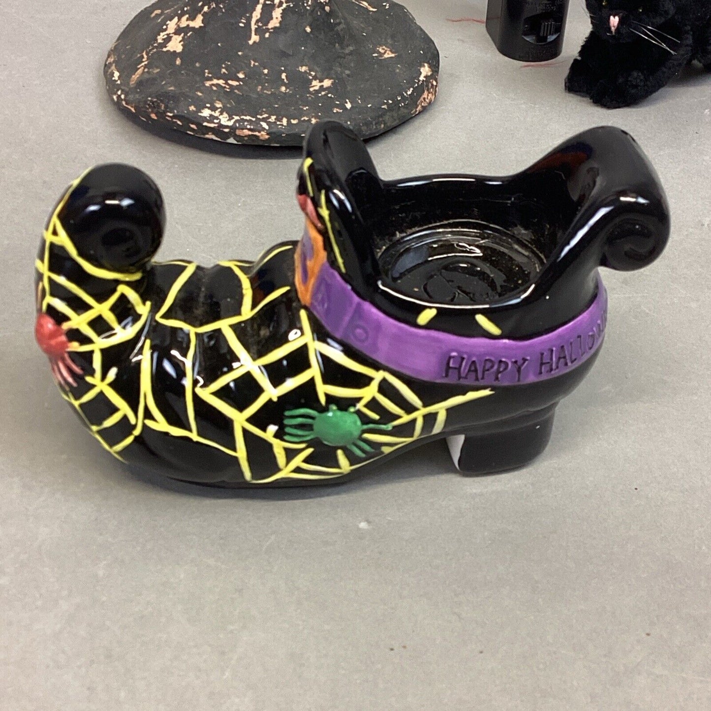 Lot Of 6 - 2 Orange Glass Candle Holders, Shoe Candle Holder, Plush Cat, Witch