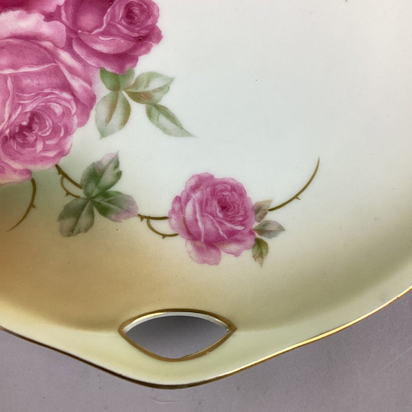 Antique German Roses Cookie Cake Dessert Serving Dish With Gold Trim & Handles