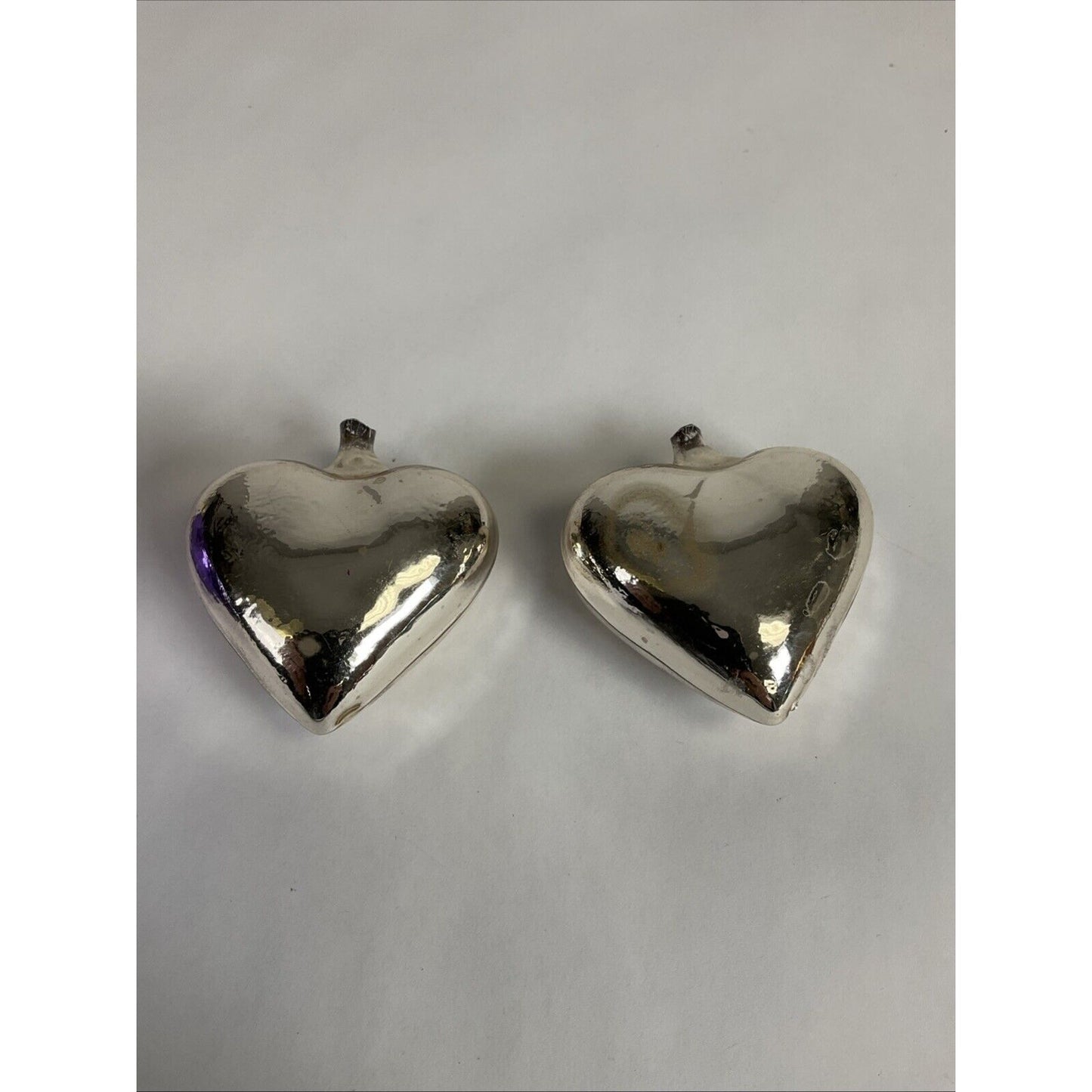 Lot Of 6 heart Shaped 2 Sided Glass Christmas Ornaments Purple Silver Red Floral