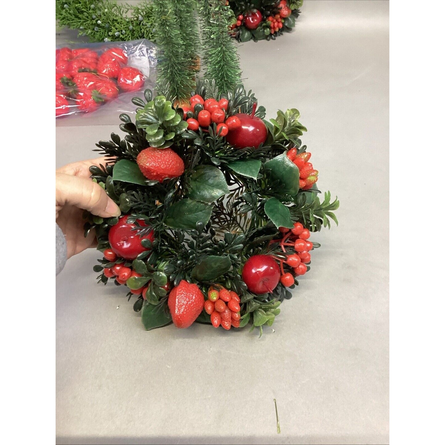 Lot Of 18 - Christmas Wreath, 5 Mini Trees, 2 Centerpieces & Strawberry Ornamen