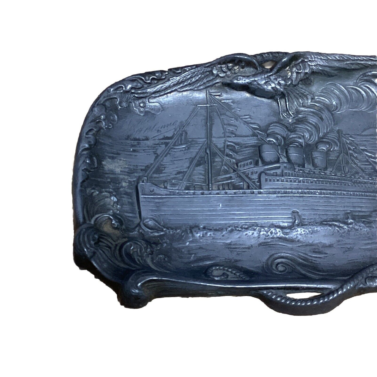 Antique Pewter Steamship Embossed Decorative Ashtray - 6x4”