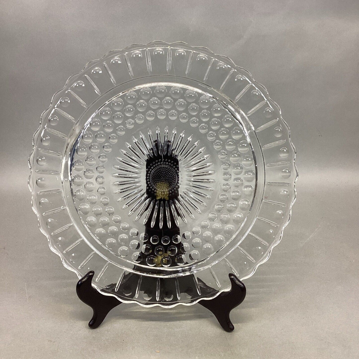 Vintage Federal Glass Cake Plate Footed Scalloped Edge Sunburst Bubble 11.25”D