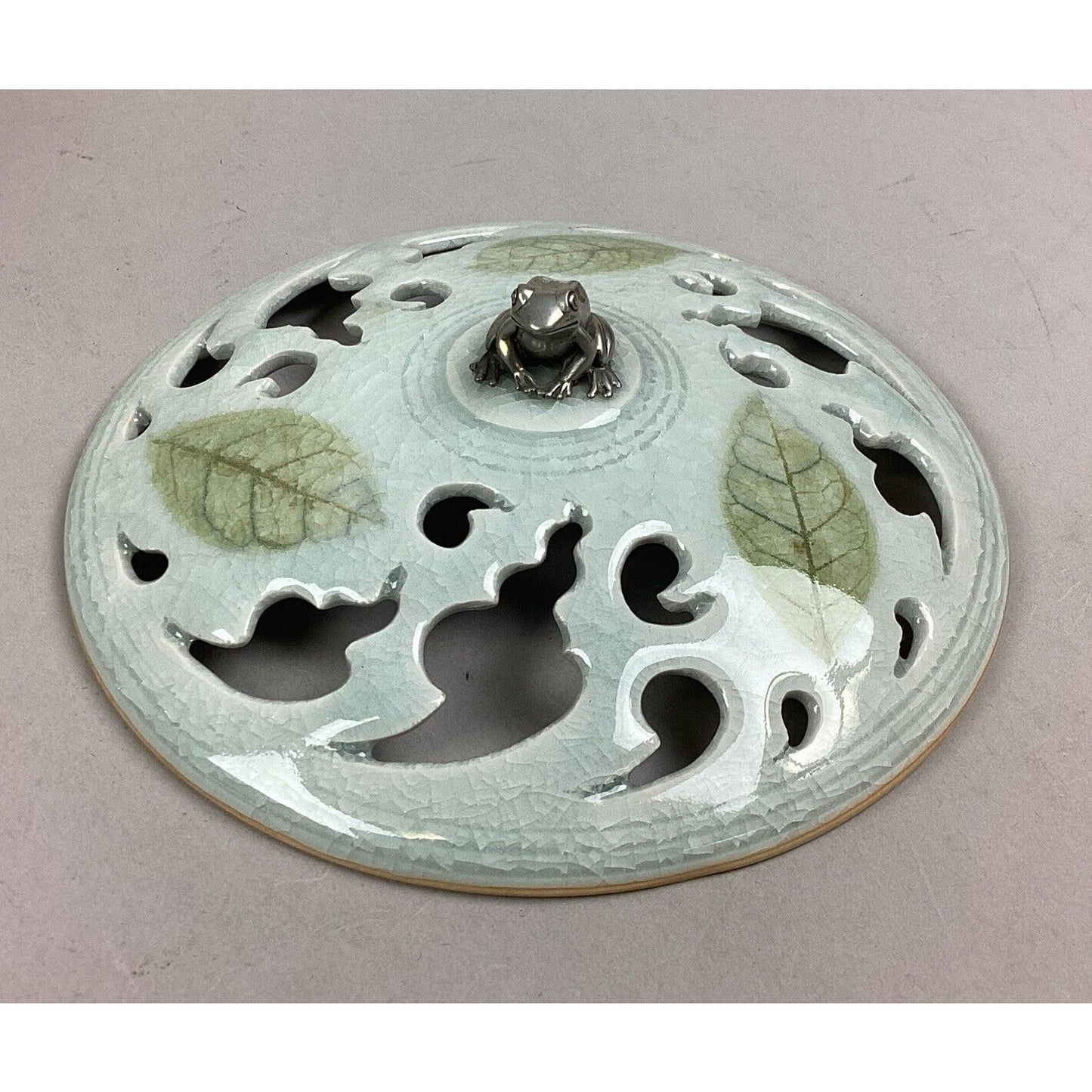 Vintage Blue Pedestal Bowl With Lid W/ Silver Frog - 7 3/4”