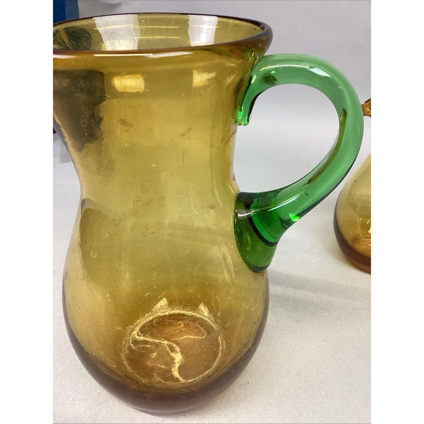 Set Of 3 Art Bubble Glass Hand Blown Pitcher W/ Amber Green Attached Handle