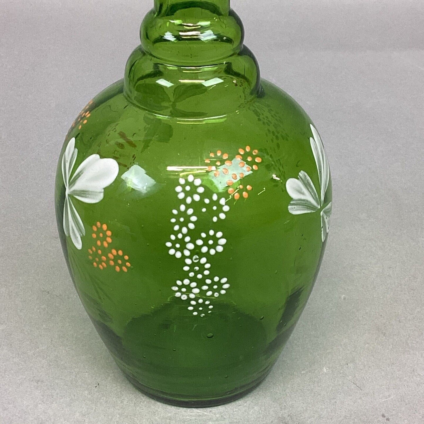 Green Glass Vase With Hand Painted Flowers - 6.75”