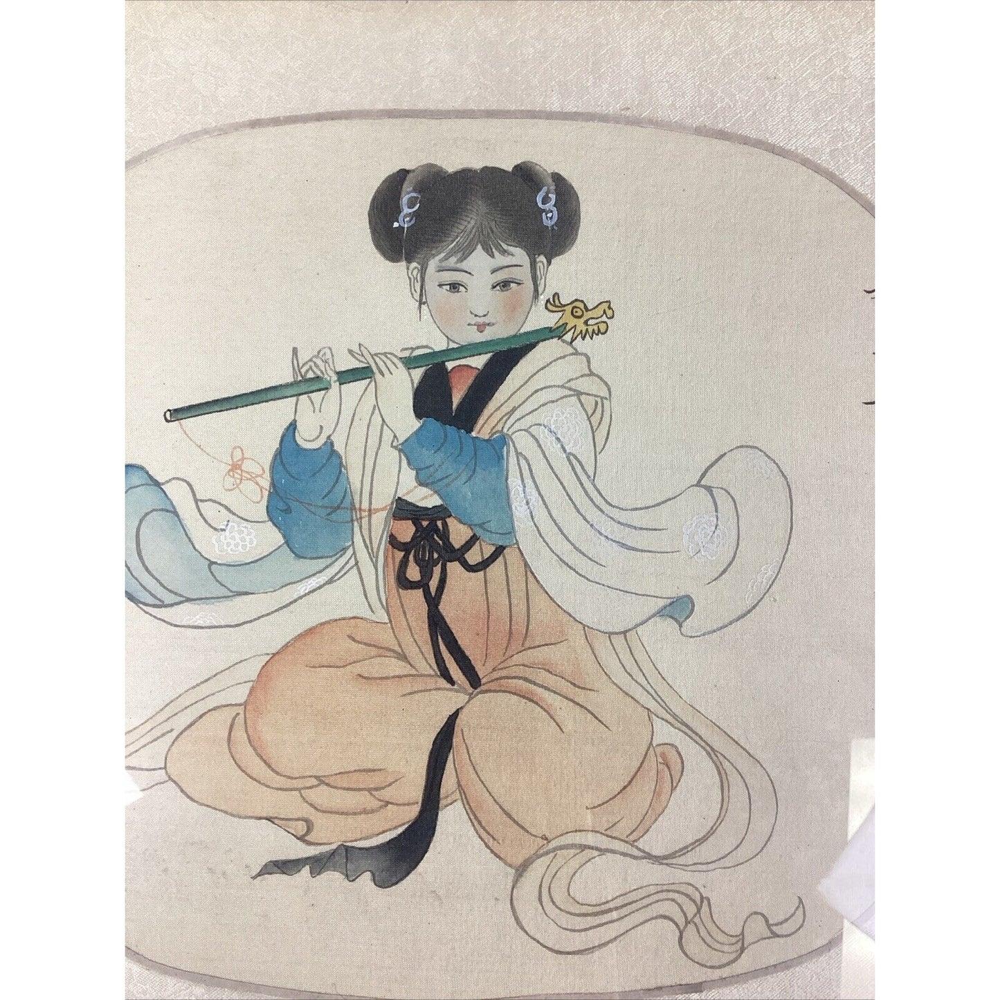 Antique Chinese Watercolor Painting On Silk - Girl Playing Flute