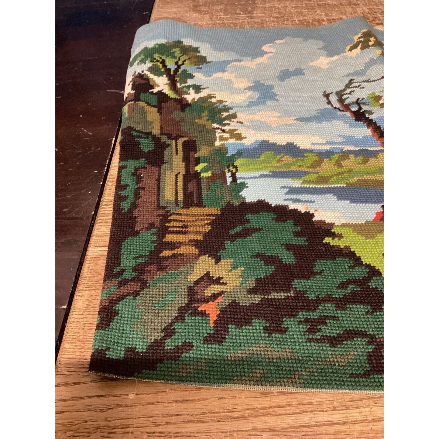 Handmade Cross Stitch Country Lake Scene - 24x19.5”
