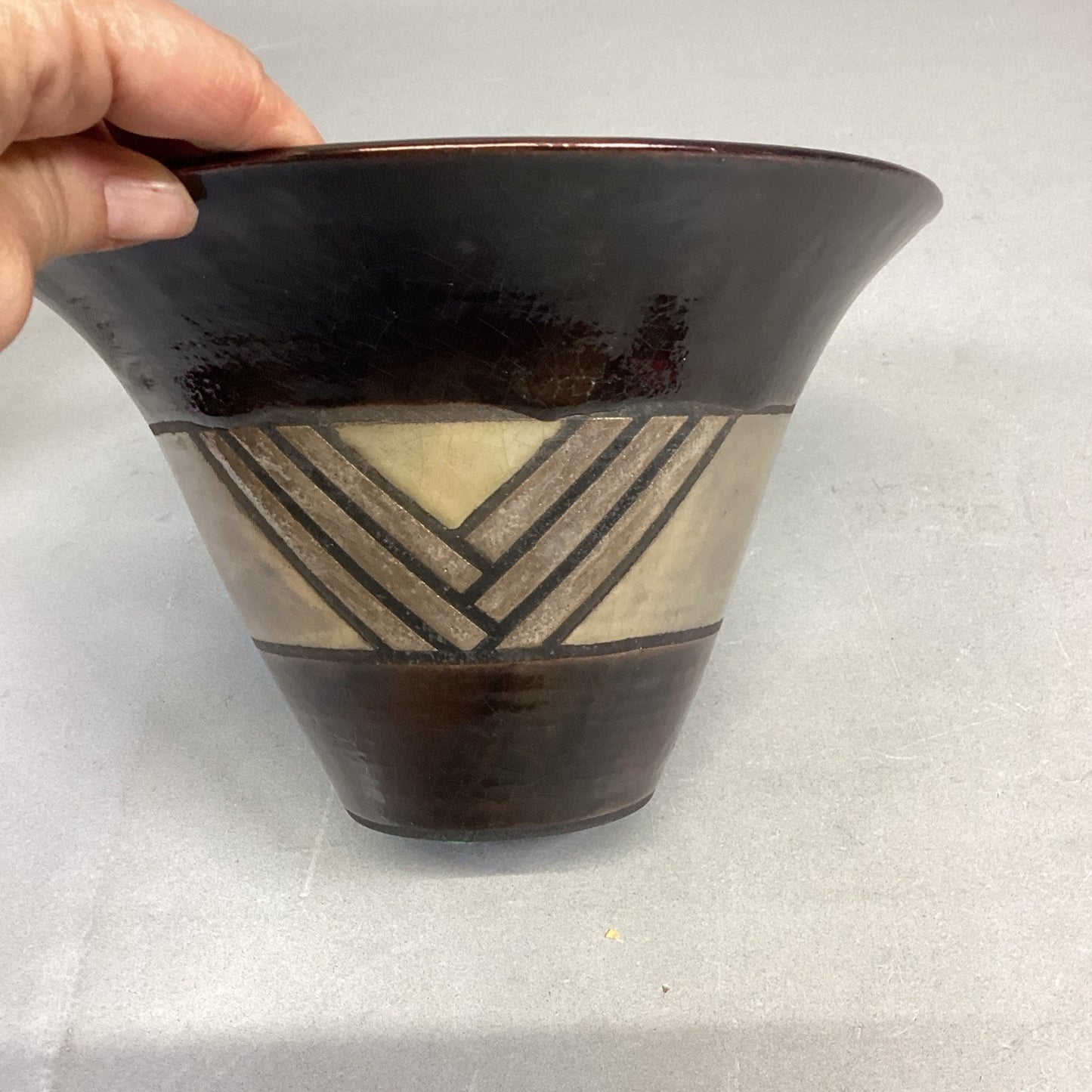 Handmade Pottery Medium Sized Geometric Shape Bowl - 8.5”D - Signed On Base