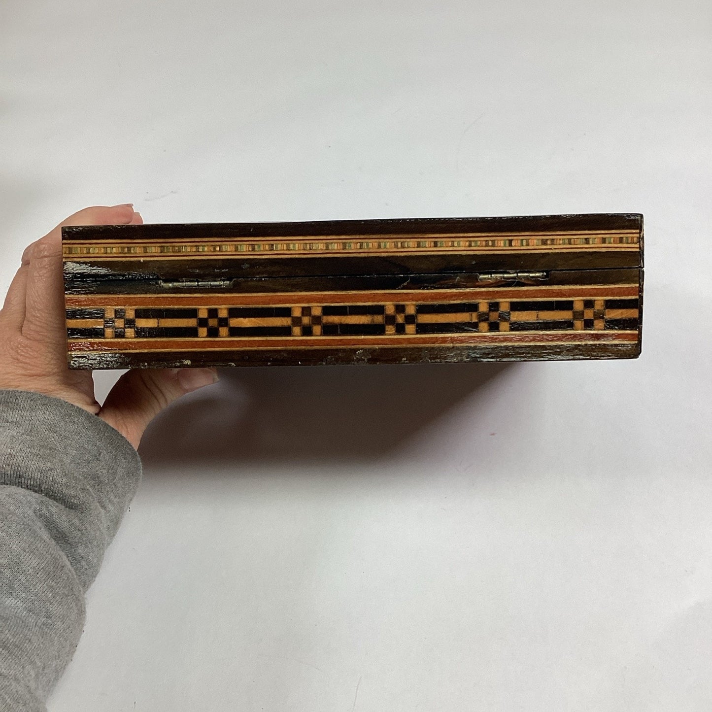 VINTAGE Mosaic Wooden Jewelry Hinged Trinket Box W/ Red Velvet Interior - 7.75”L