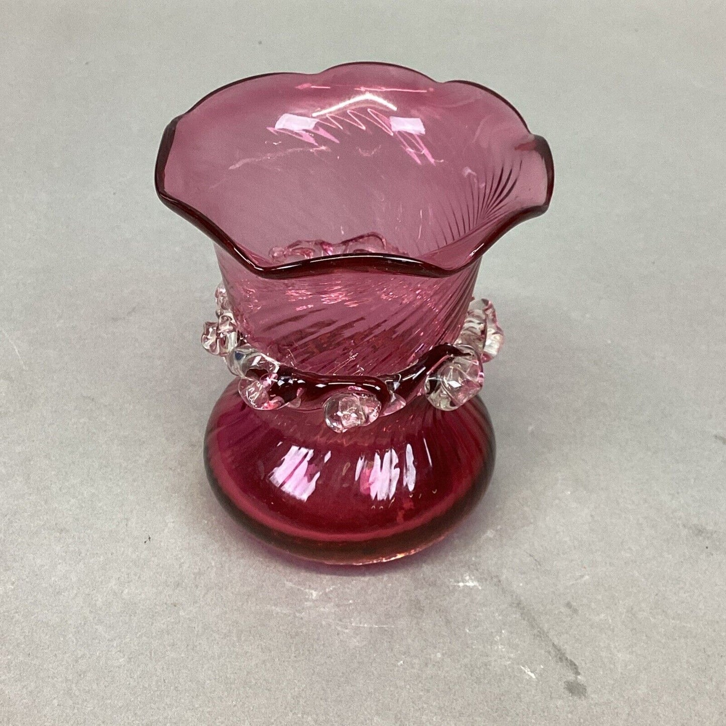 Vintage Hand Blown Pilgrim Glass Swirl Cranberry Vase - 3.5”H
