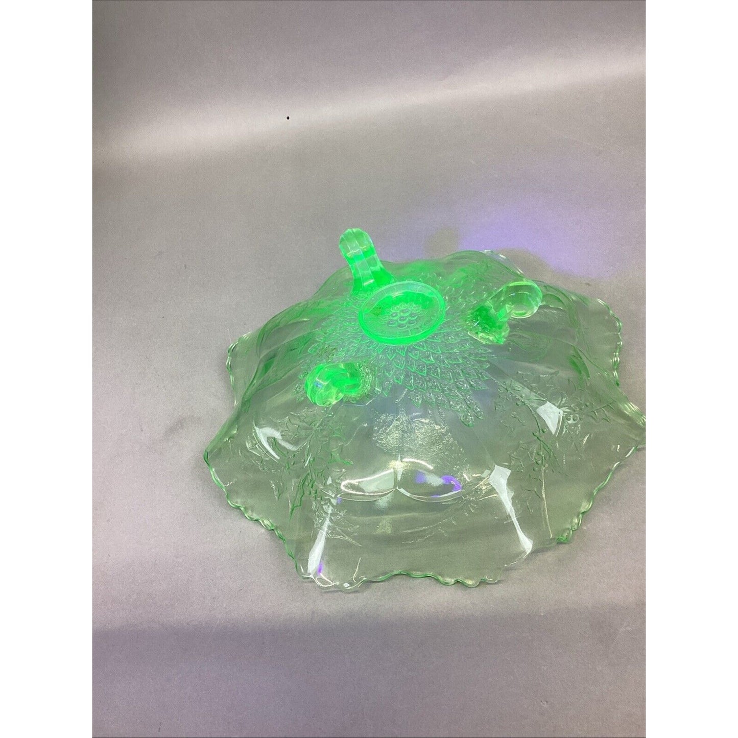 Vintage Fenton Stag and Holly Green Uranium Glass 3 Footed Bowl - 10x3.75”