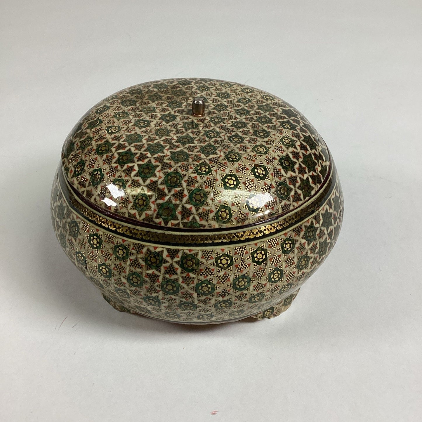 Antique Anglo Indian Micro Mosiac Inlaid Round Trinket Box