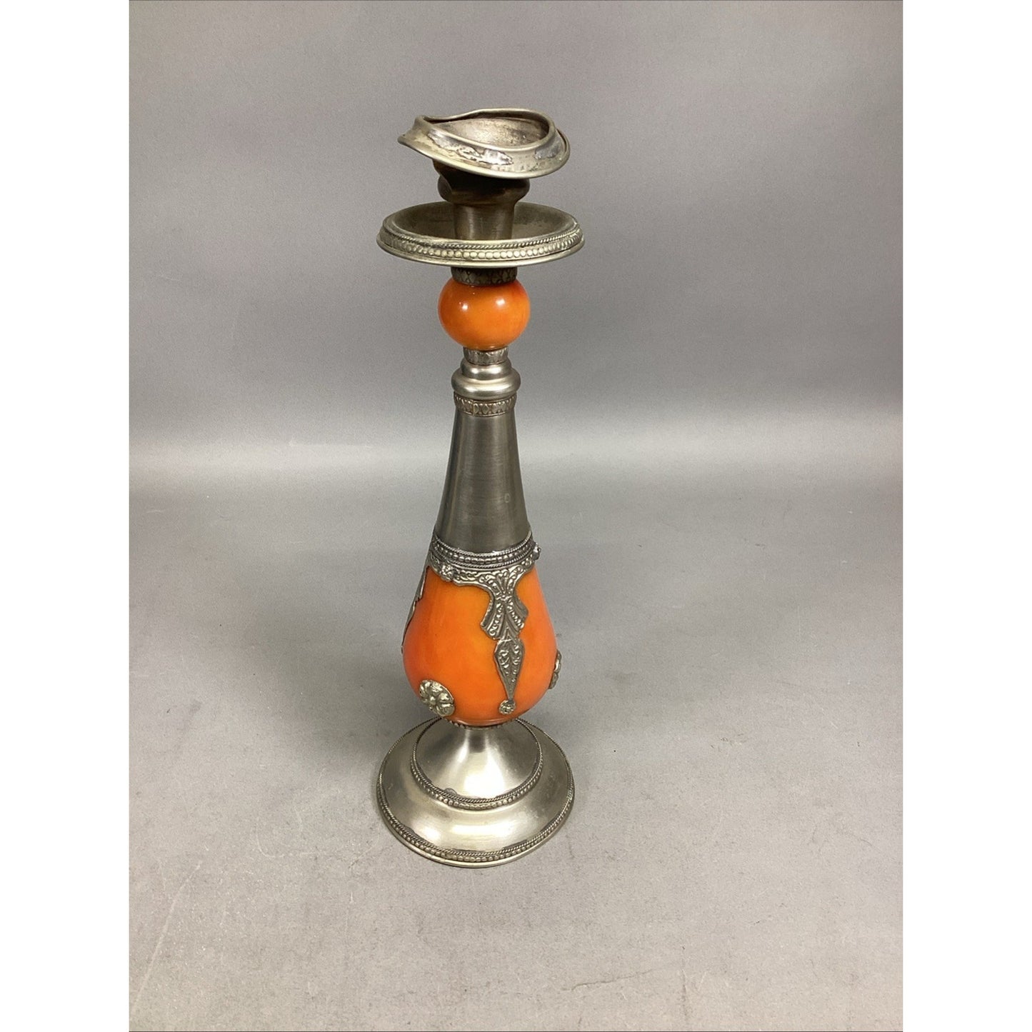 VINTAGE ORNATE Orange METAL/Bakelite CANDLESTICK CANDLE HOLDER - 13.5”H