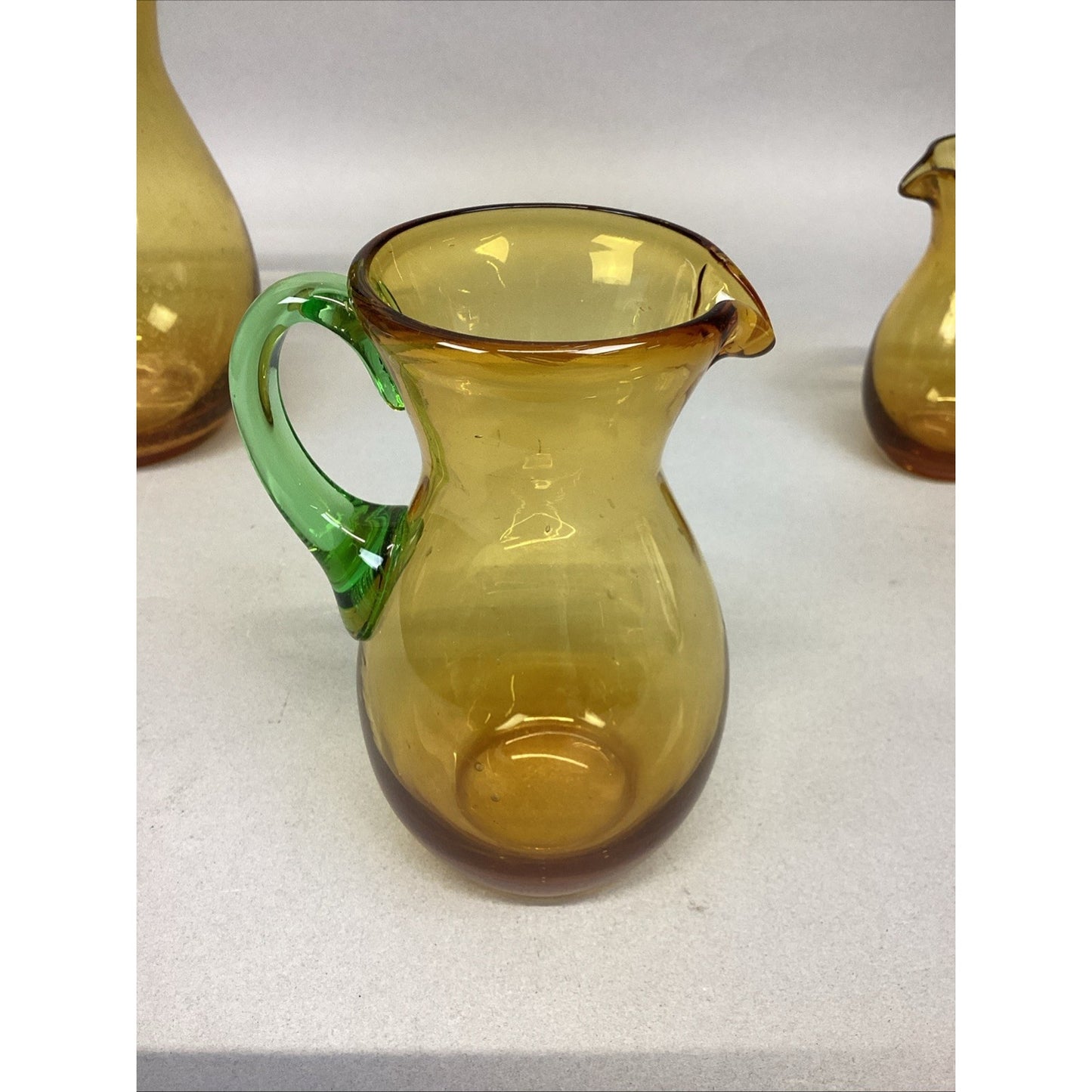 Set Of 3 Art Bubble Glass Hand Blown Pitcher W/ Amber Green Attached Handle