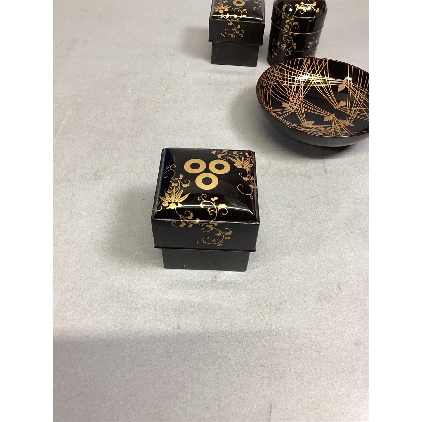 Set Of 2 Lacquer Box Makie Container Cases, 2 Trinket Boxes & 1 Sake Cup/Bowl
