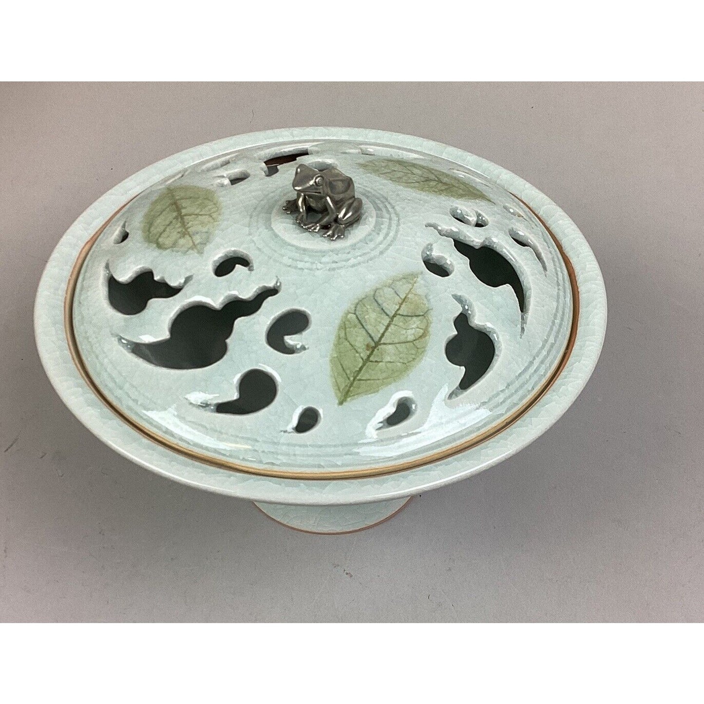 Vintage Blue Pedestal Bowl With Lid W/ Silver Frog - 7 3/4”