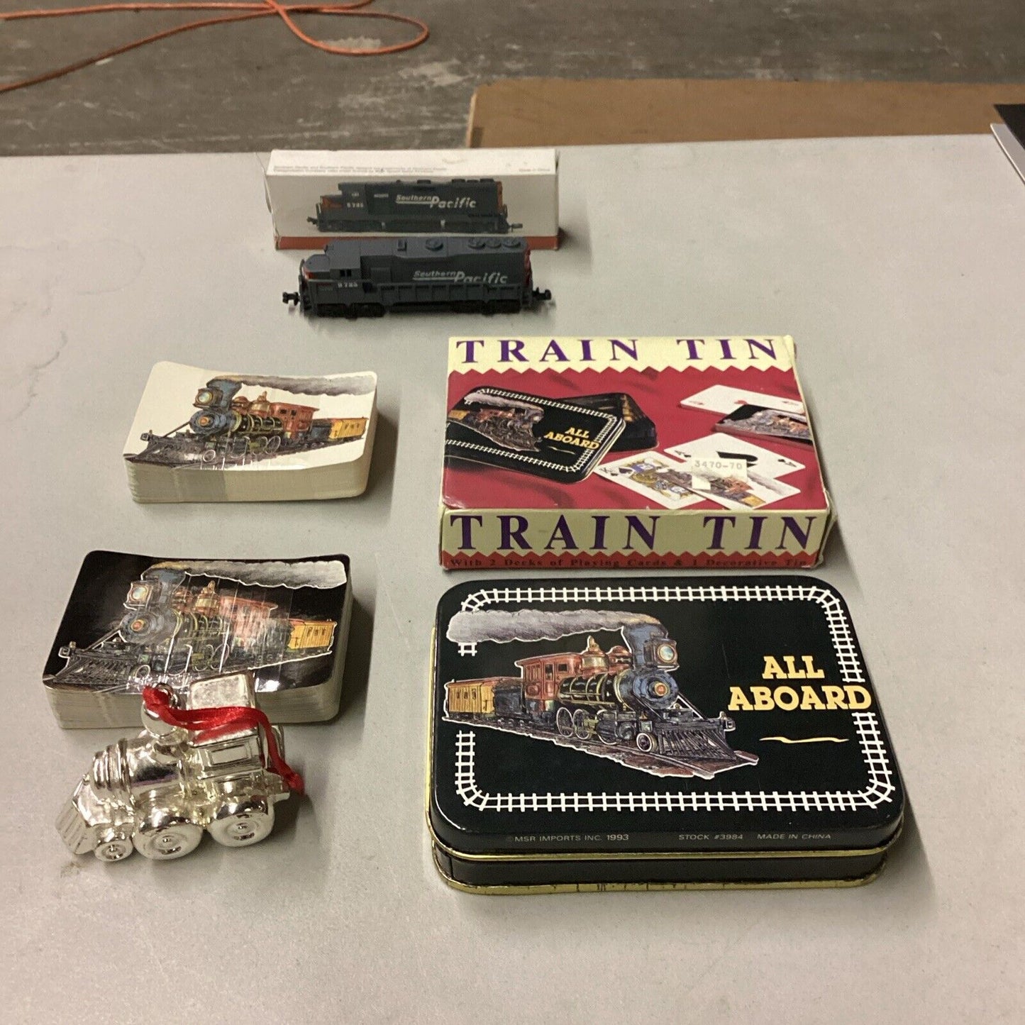 Lot Of 3- Train Tin W/ Playing Cards, Model Locomotive, & Reed & Barton Ornament