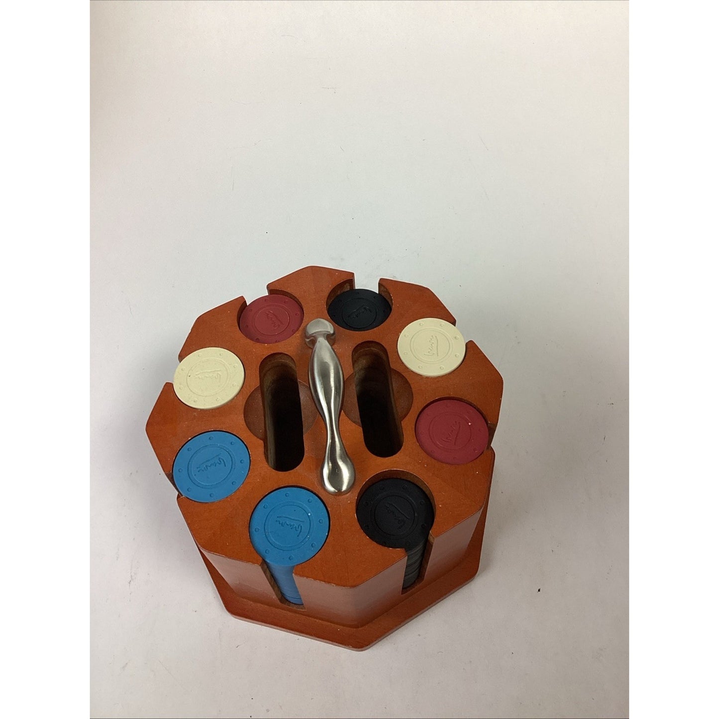 POKER CHIP Caddy In Wood Carousel 8 Slot, 2 Deck Holder, Chips Included