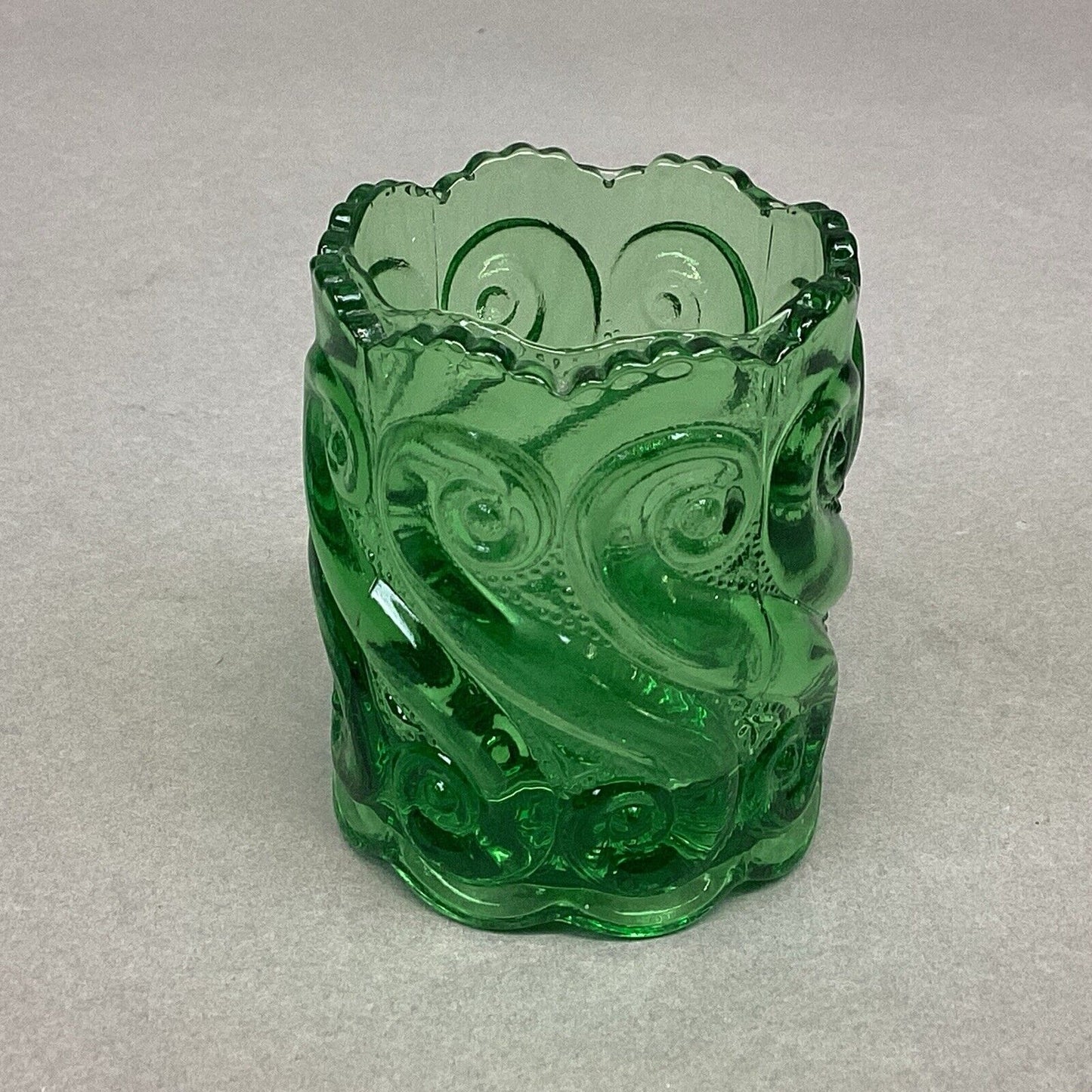 Vintage Pressed Green Glass Toothpick Holder Swirling Waves - 2.5x1.75”