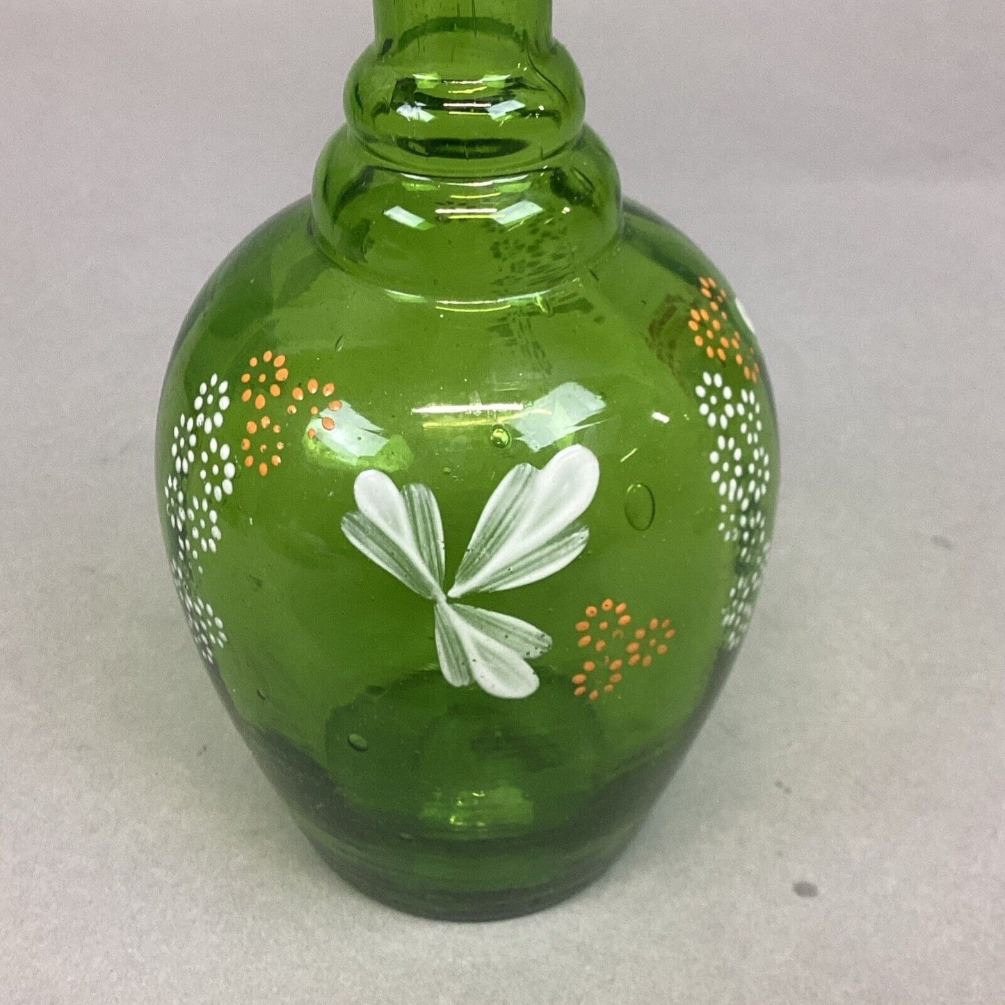 Green Glass Vase With Hand Painted Flowers - 6.75”