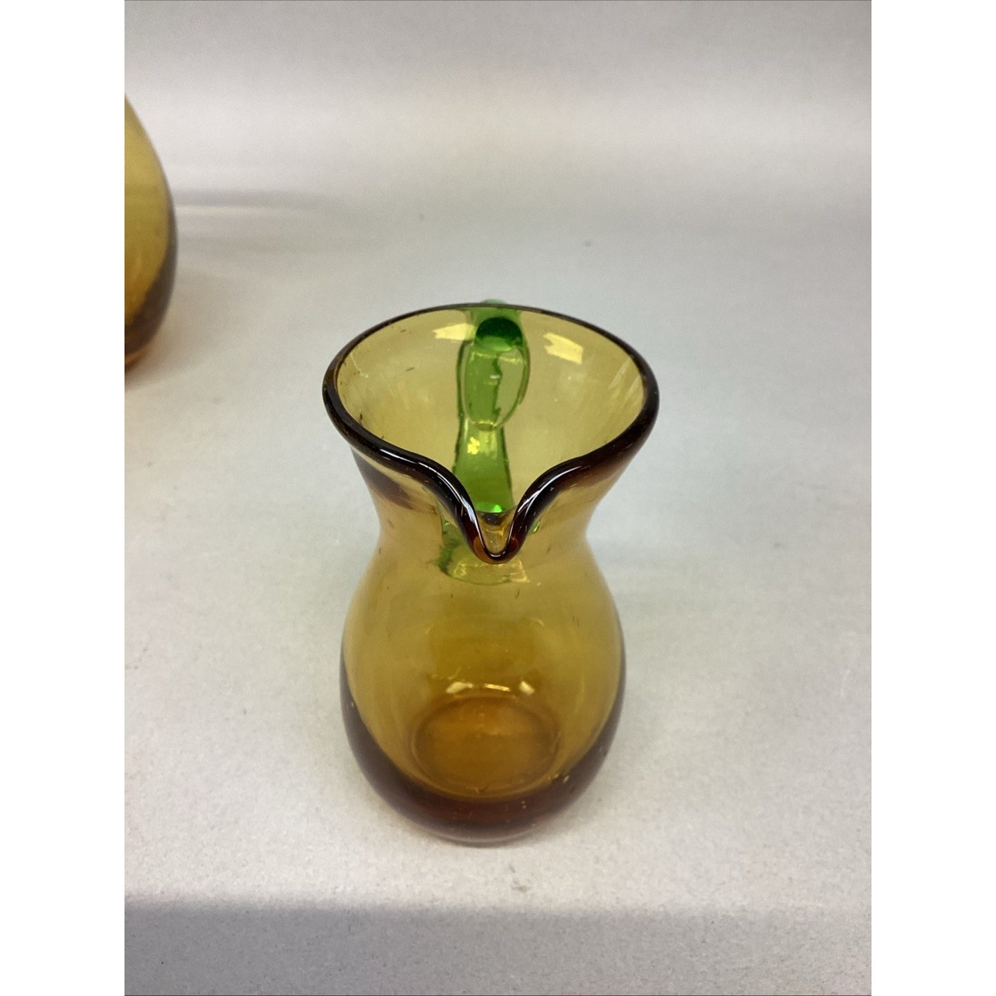 Set Of 3 Art Bubble Glass Hand Blown Pitcher W/ Amber Green Attached Handle