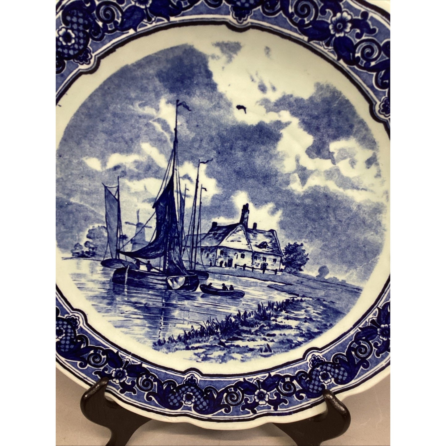 Vtg. Delft Royal Sphinx Maastricht 12" Sailboats/Windmill Plate Made In Holland