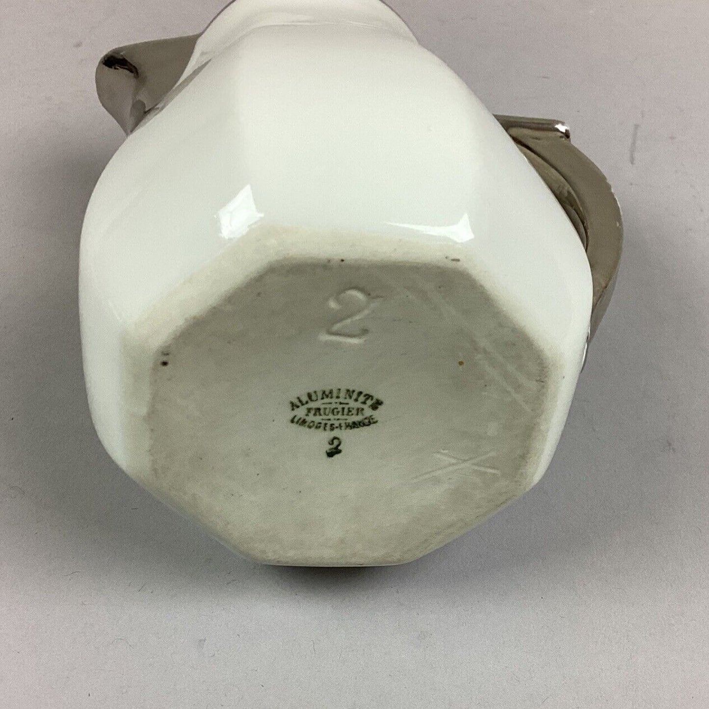 Vintage Rare 1930’s Porcelain Aluminite Frugier Limoges Milk Jug -White & Silver