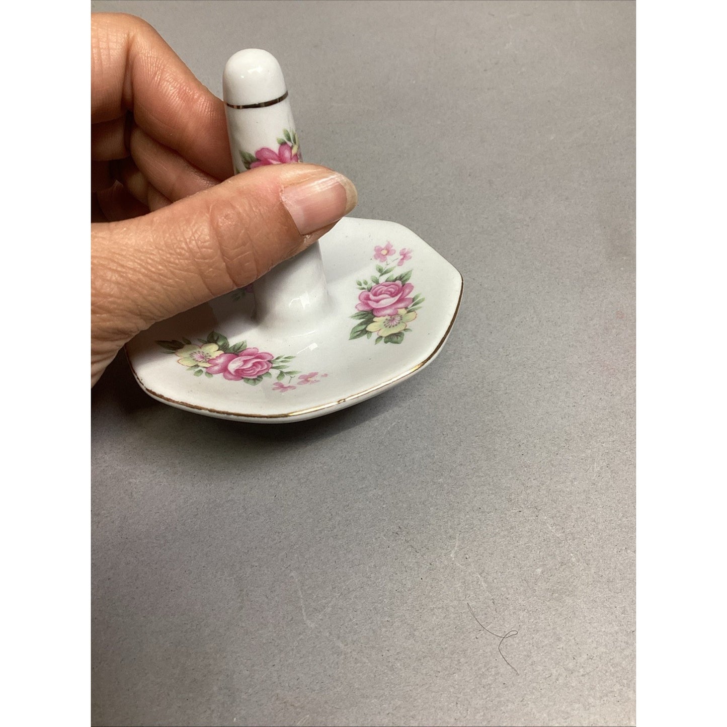 Vintage Porcelain Ring Holder Trinket Dish Pink & Yellow Flowers & Gold Trim