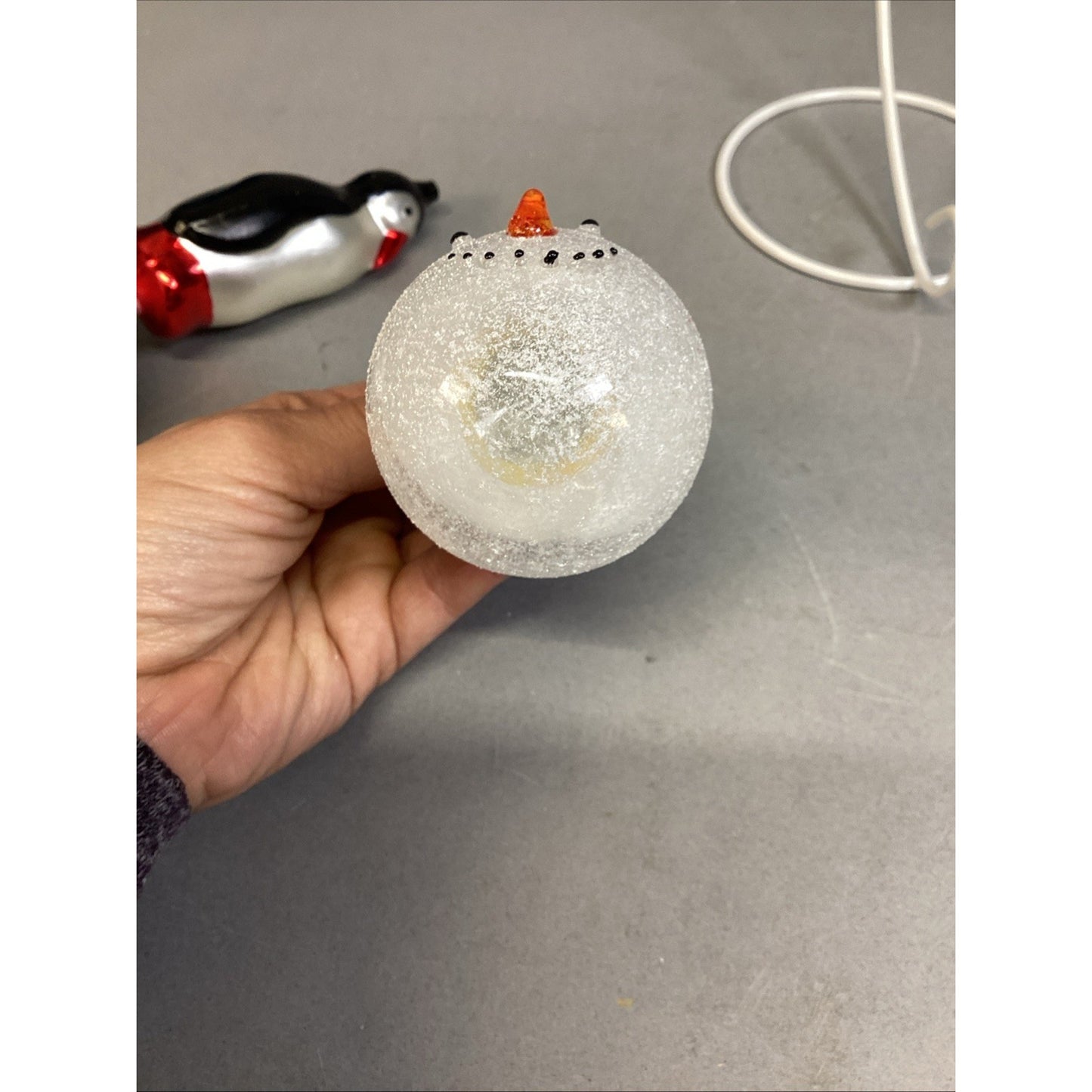 Penguin On Ball Glass Ornament (missing topper) & Patriotic Glass Snowman