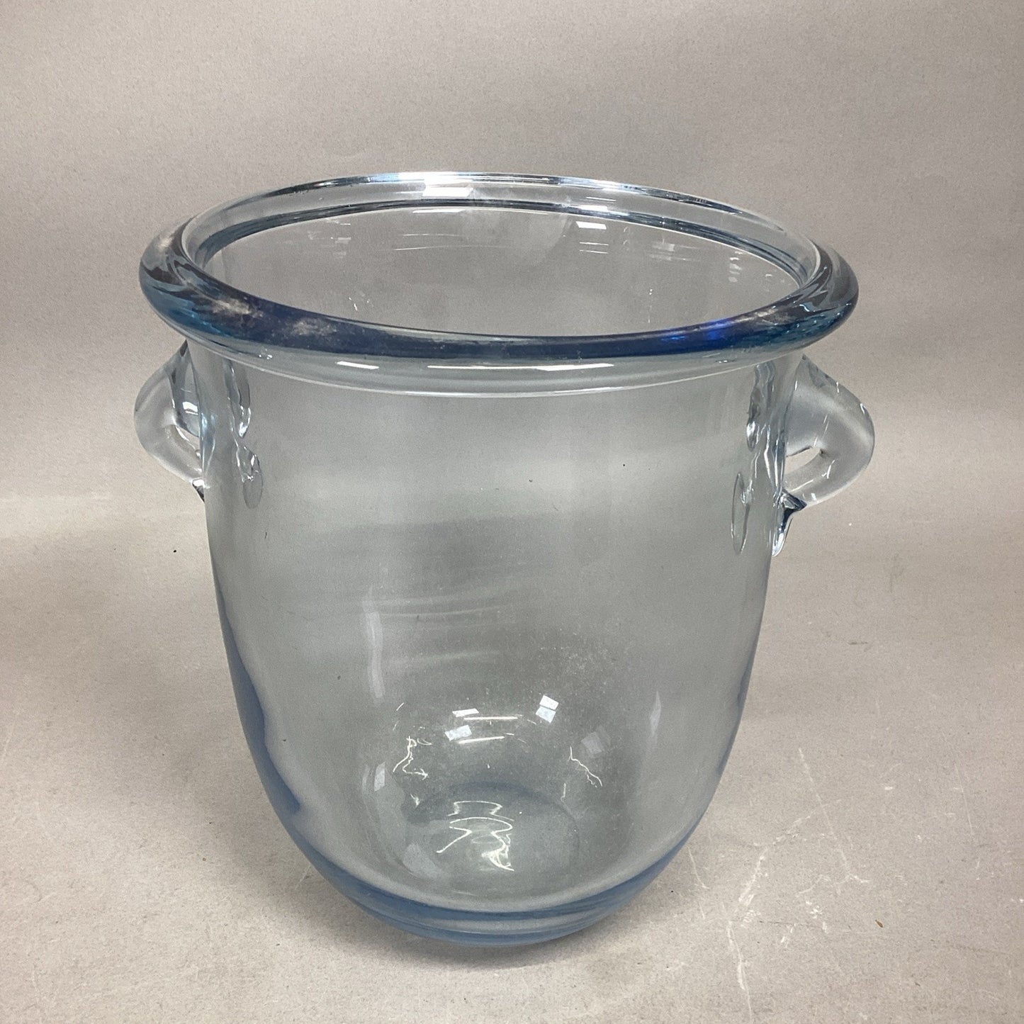 Mid Century Modern Blue Glass Ice Bucket With 2 Handles - 8.25”Hx7”D