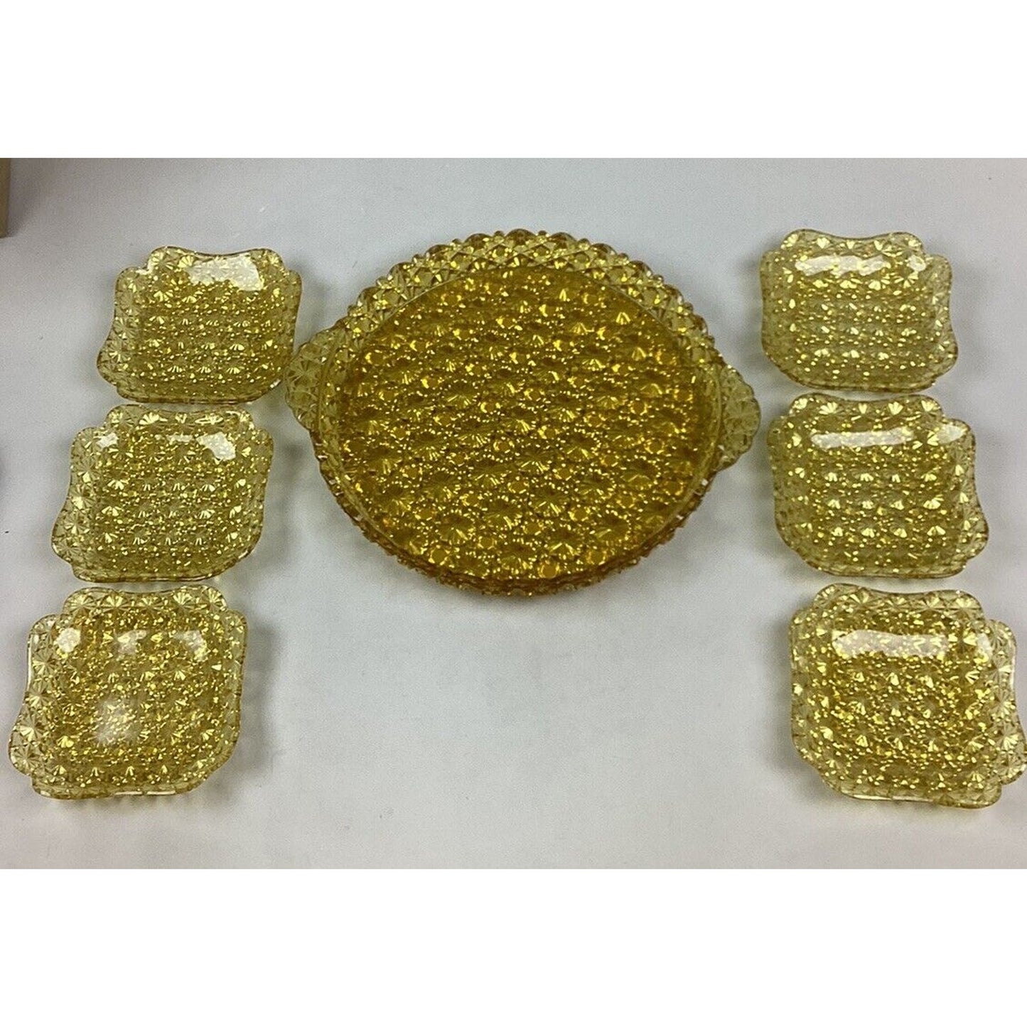 Amber Gold Star Cut Glass Serving Dish & 6 Curved Dessert Bowls/Plates