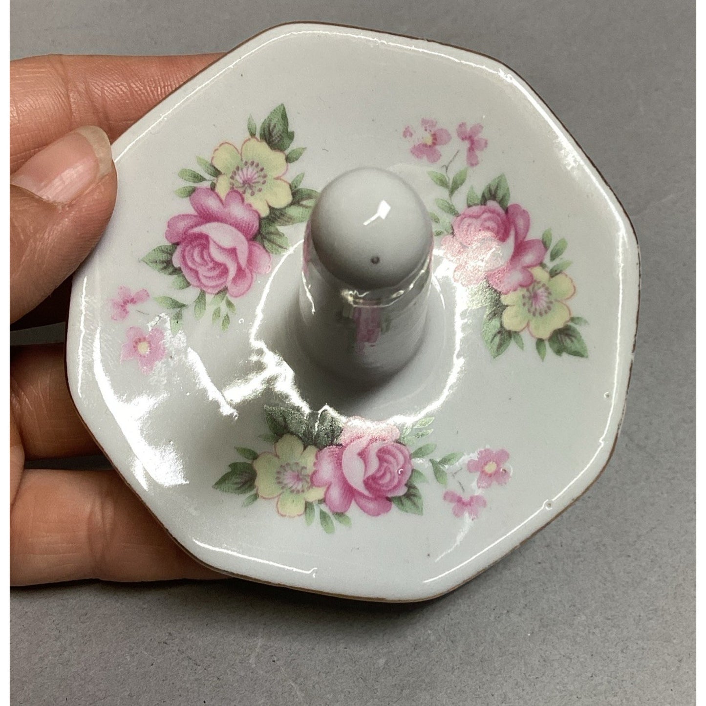 Vintage Porcelain Ring Holder Trinket Dish Pink & Yellow Flowers & Gold Trim
