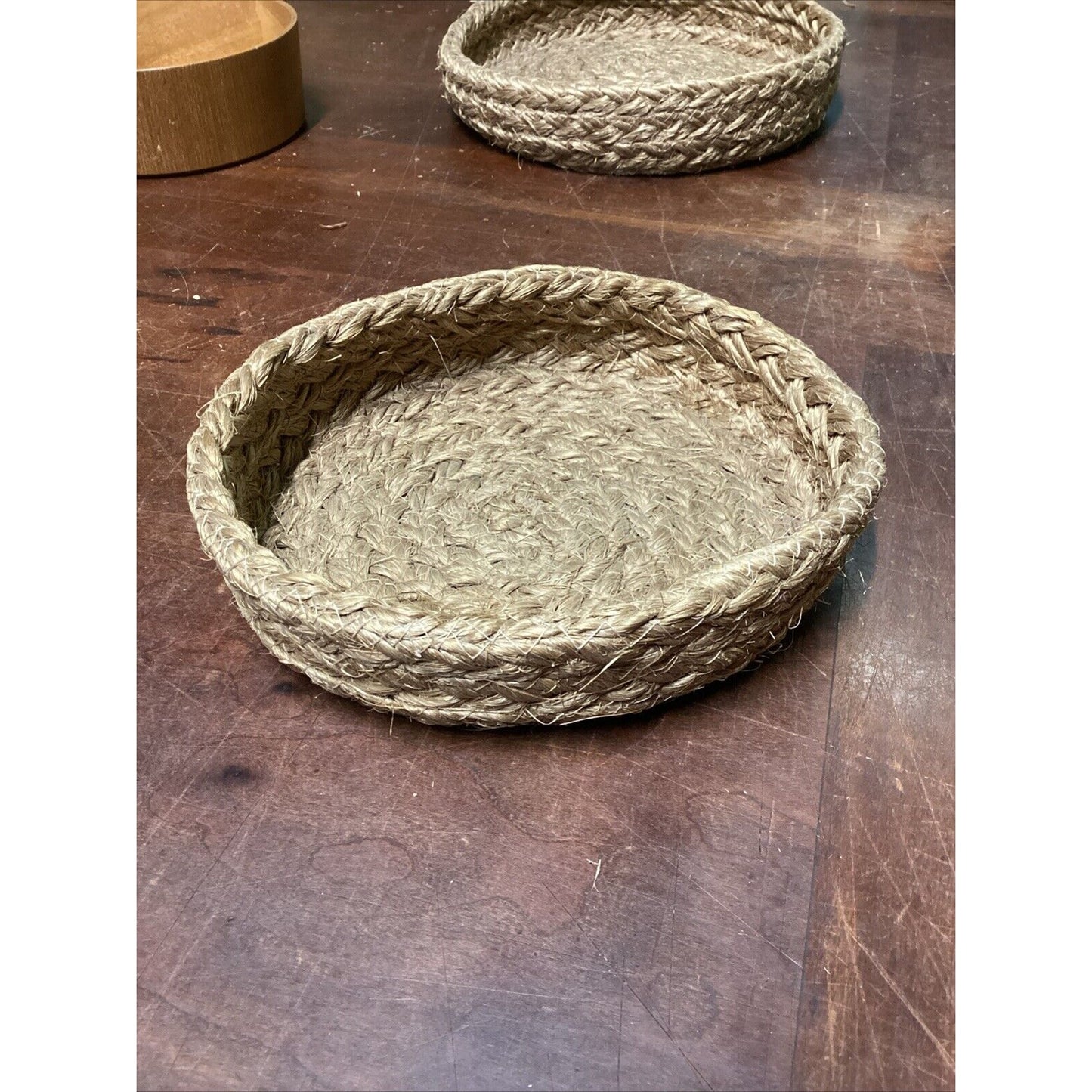 2 Corn Husk Rope Basket Trays & 3 Wooden Nesting Bowls