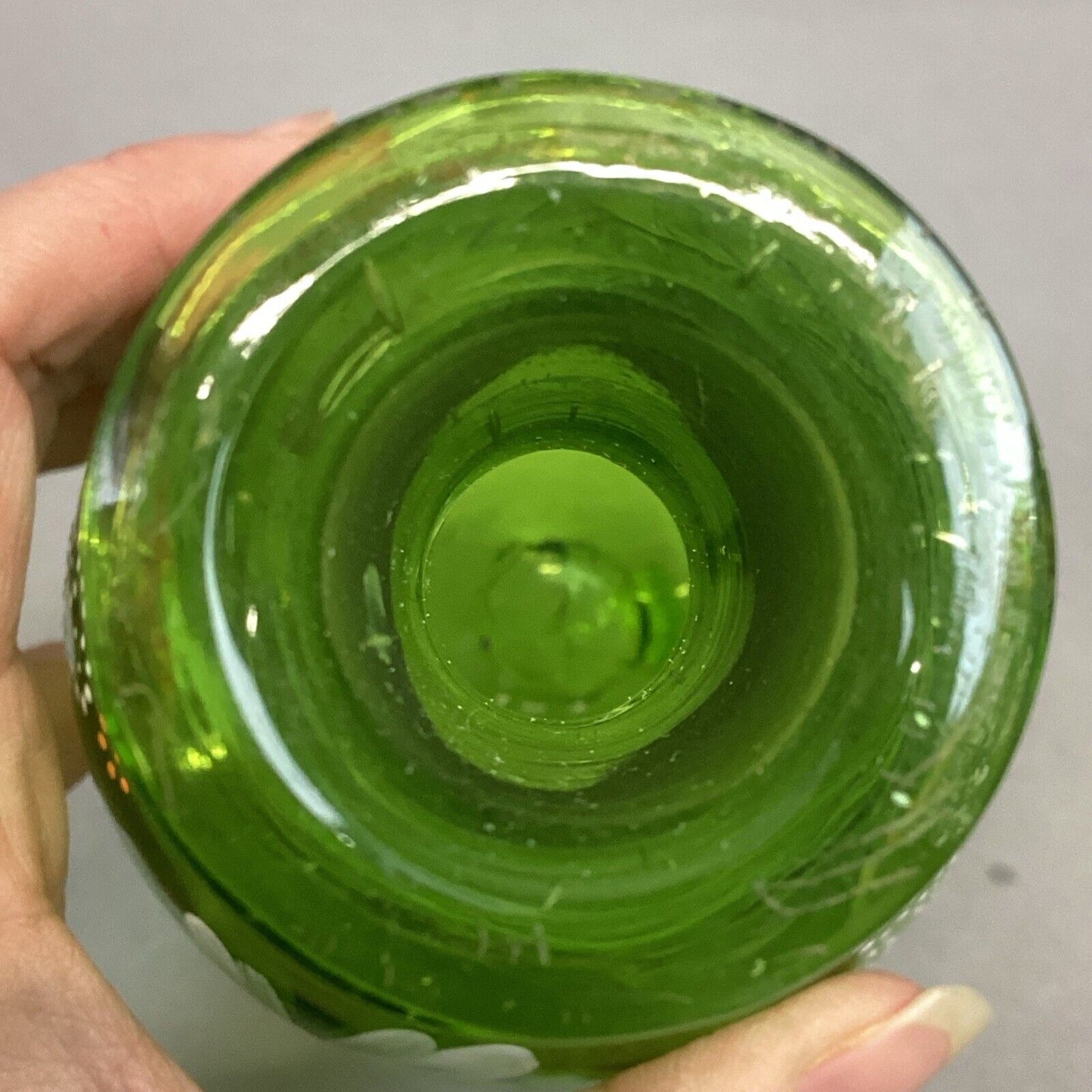 Green Glass Vase With Hand Painted Flowers - 6.75”