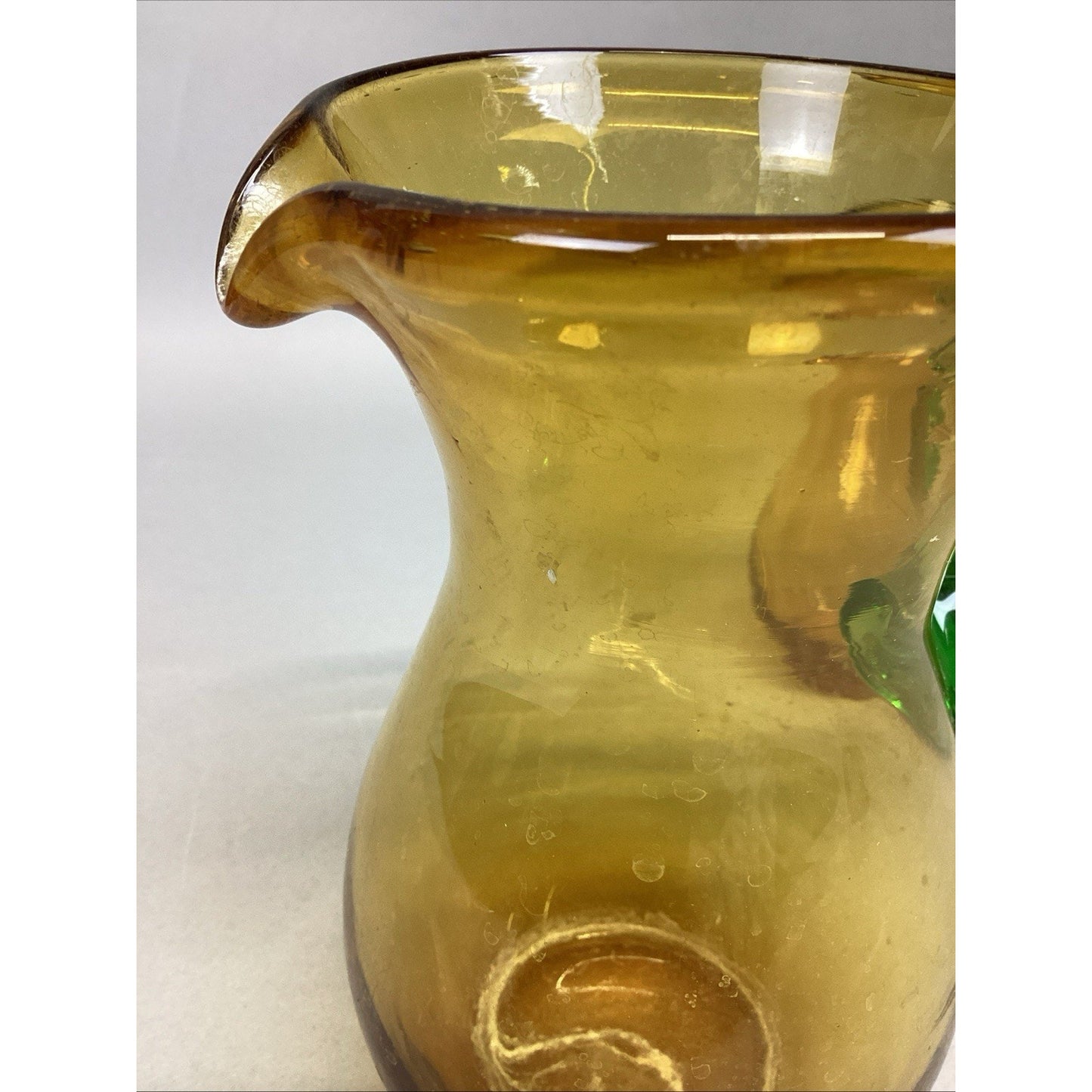 Set Of 3 Art Bubble Glass Hand Blown Pitcher W/ Amber Green Attached Handle