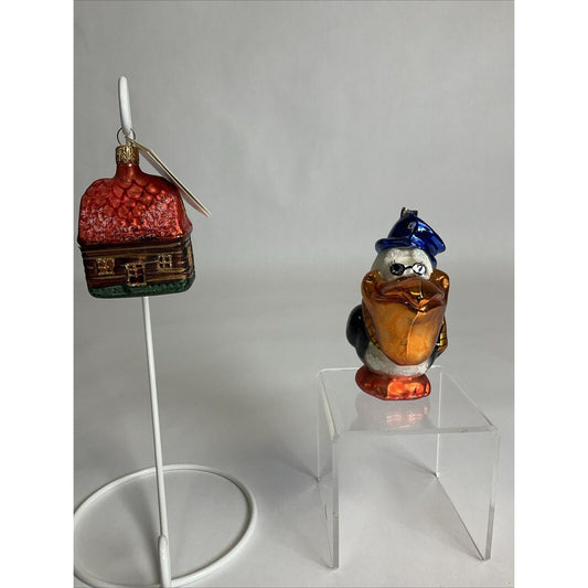 Christopher Radko Tropical Pelican Pete + Christmas Cabin Ornament / Damaged